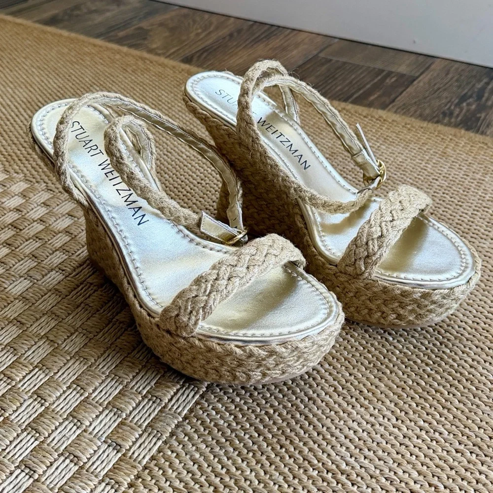 Stuart Weitzman Women’s Brada Strap Gold/Natural Espadrille Wedge Sandals—9.5
